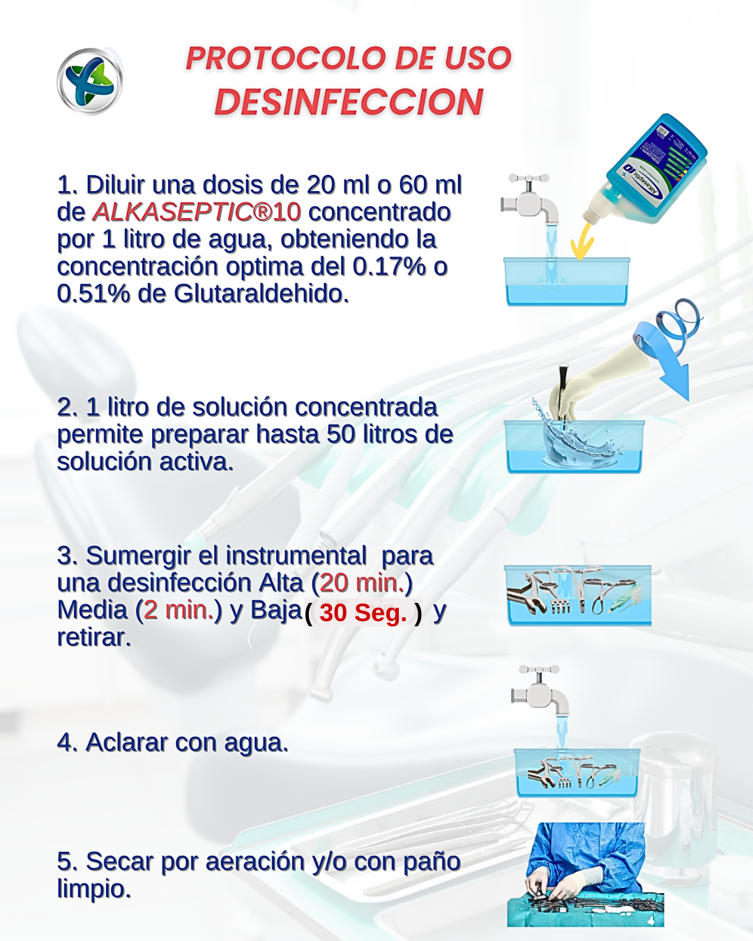 Desinfectante Instrumental Quirúrgico (Glutaraldehído 8.5%). Alkaseptic® 10. Botella / 1 lto.