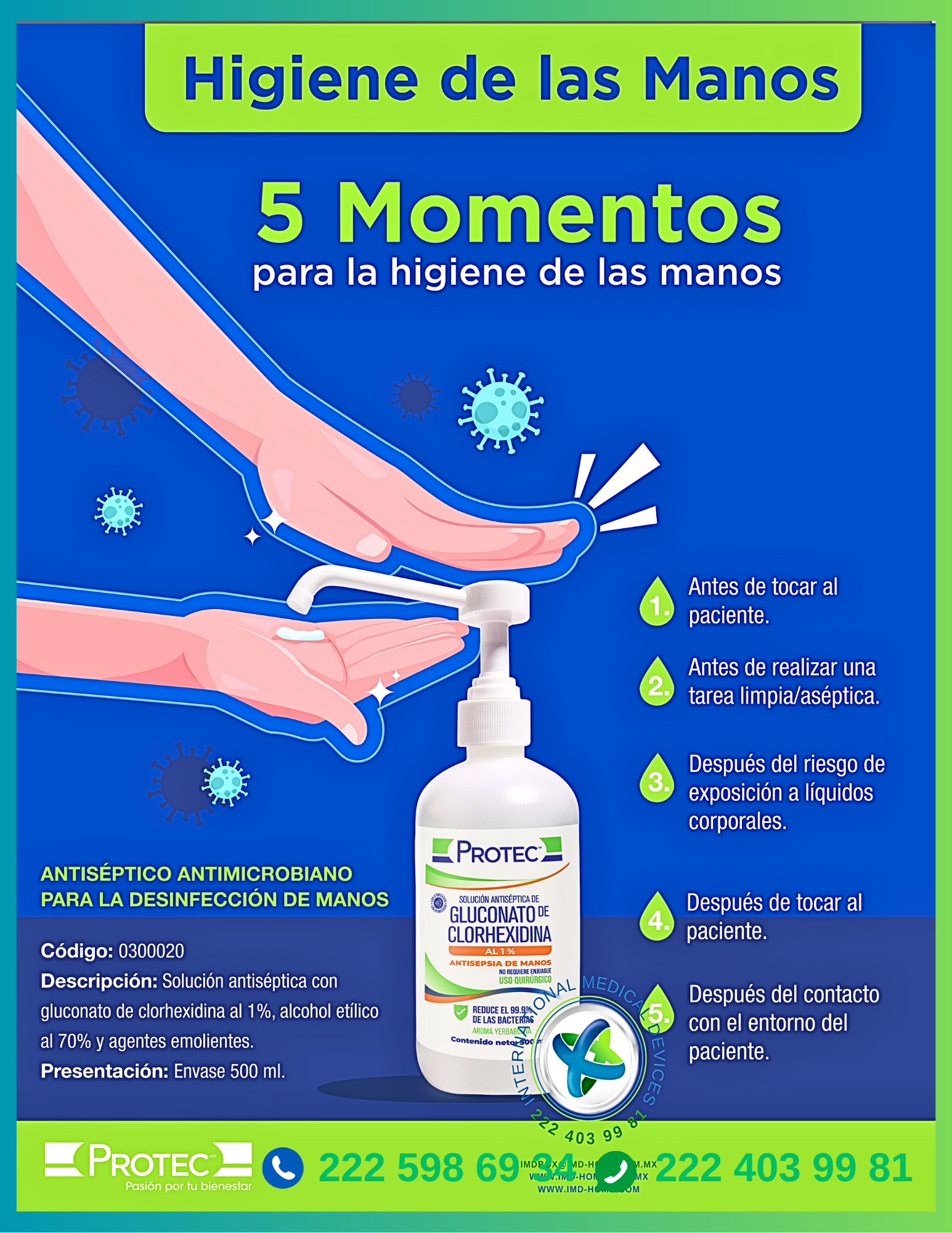 Solución antiséptica Gluconato de Chorhexidina 1% 500 ml. Protec®. Botella