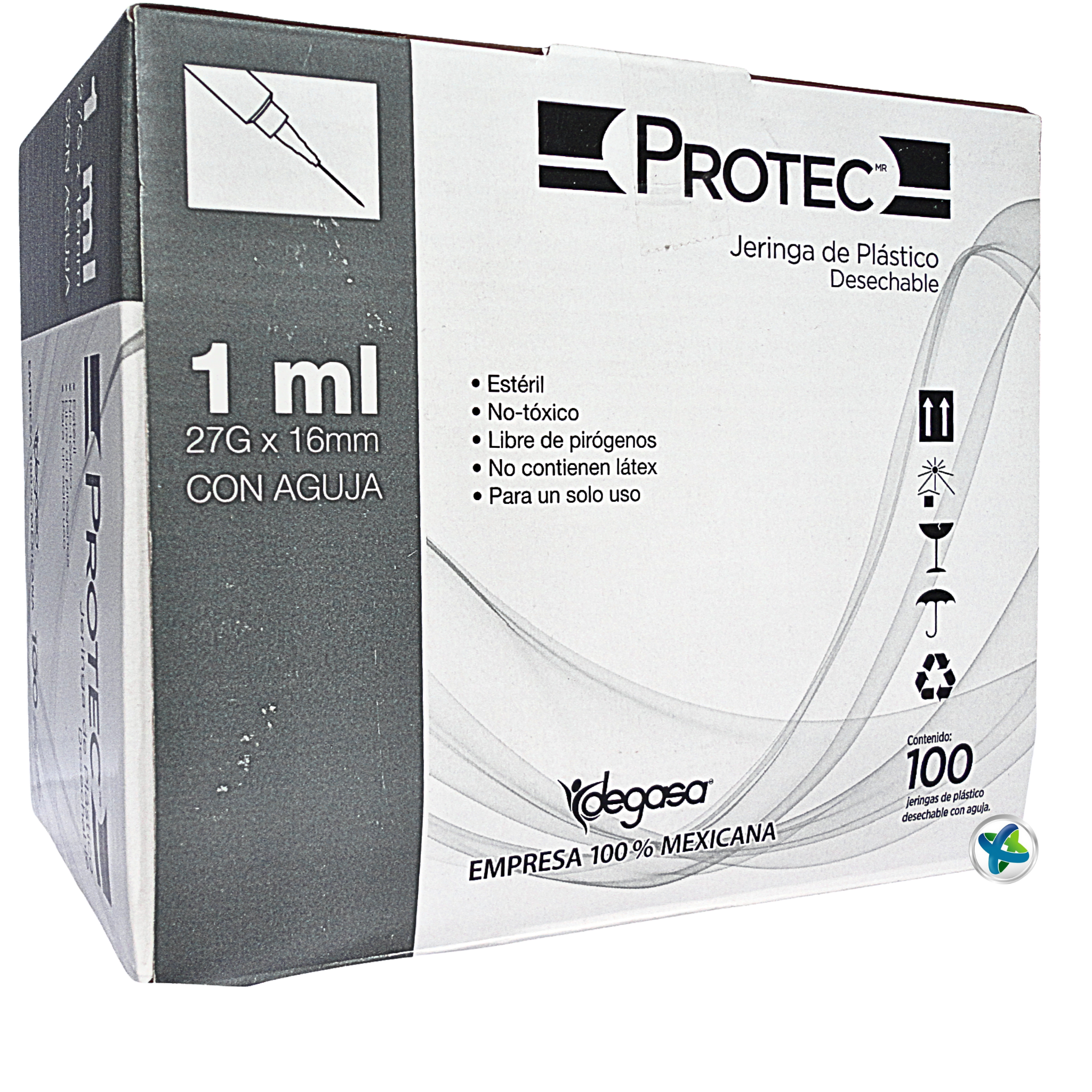 Jeringa Hipodérmica 1 ml 27 x 16 Protec®. Caja/100 Pzas.