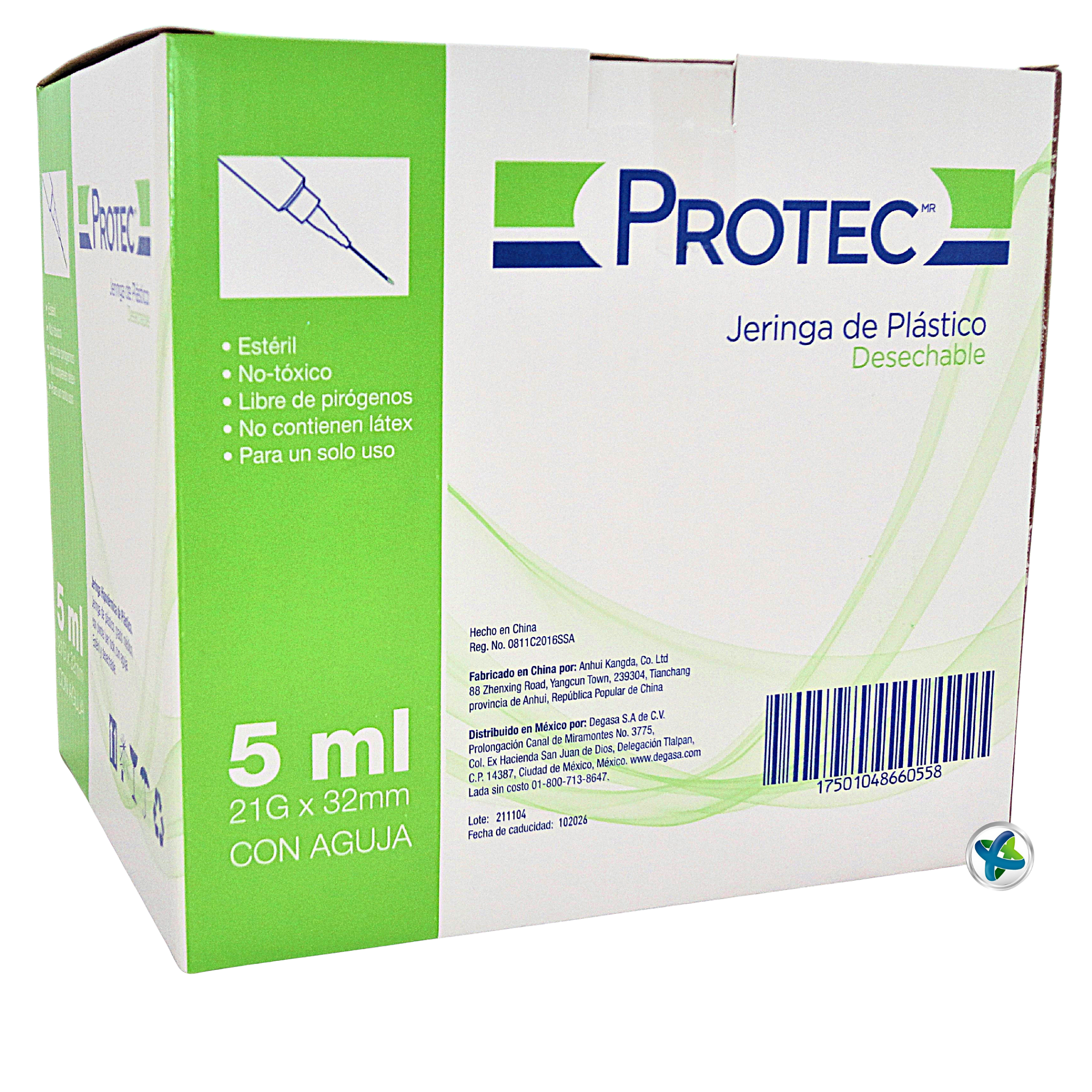 Jeringa Hipodérmica Protec® 21 x 32 (Verde). Caja/100 Pzas.