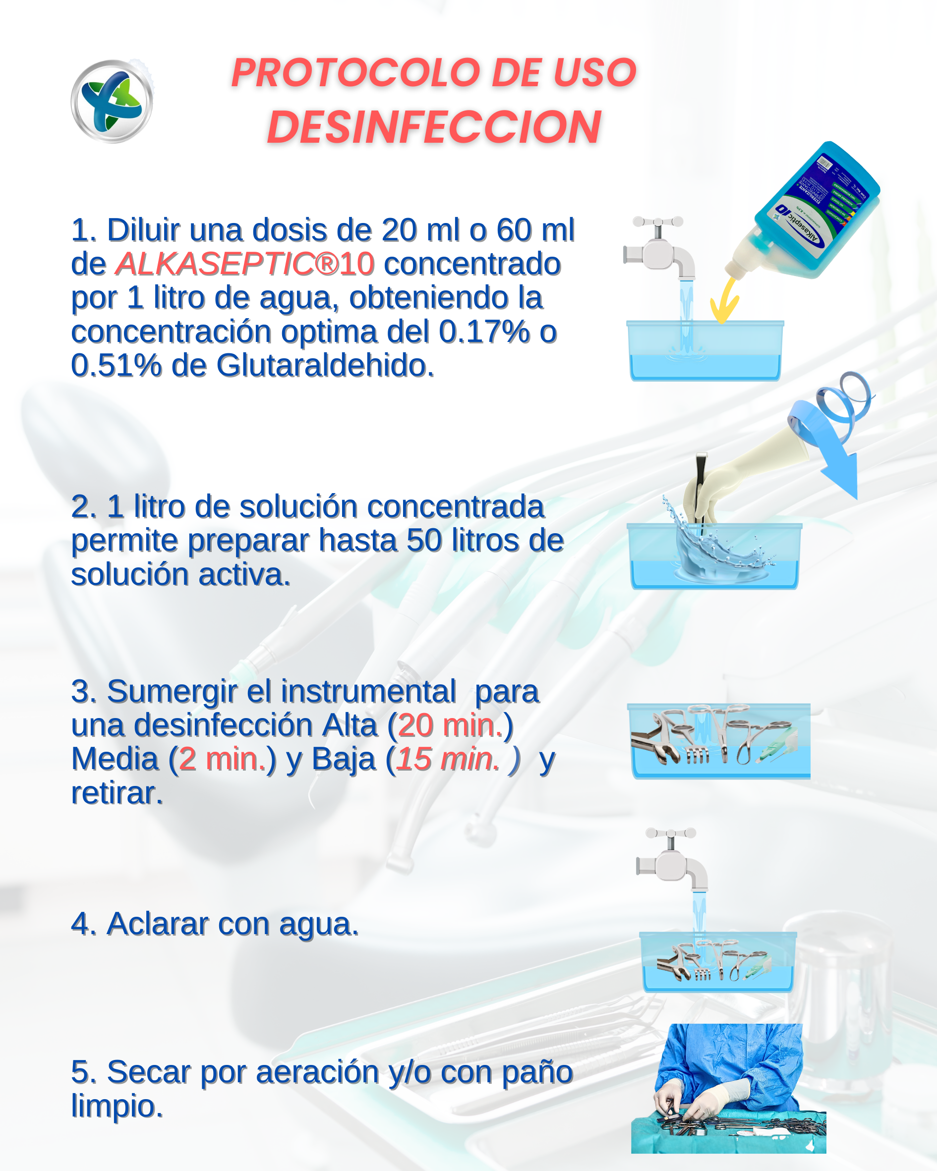 Desinfectante Instrumental Quirúrgico (Glutaraldehído 8.5%). Alkaseptic® 10. Botella / 1 lto.
