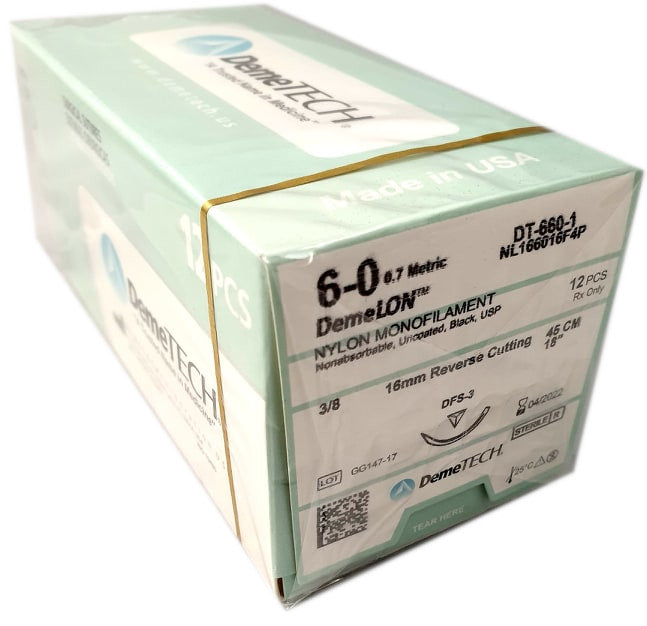 Hilo Nylon 6-0, Aguja 12 mm, Reverso Cortante. Circulo 3/8. 45 cm. Caja/12 Sobres.