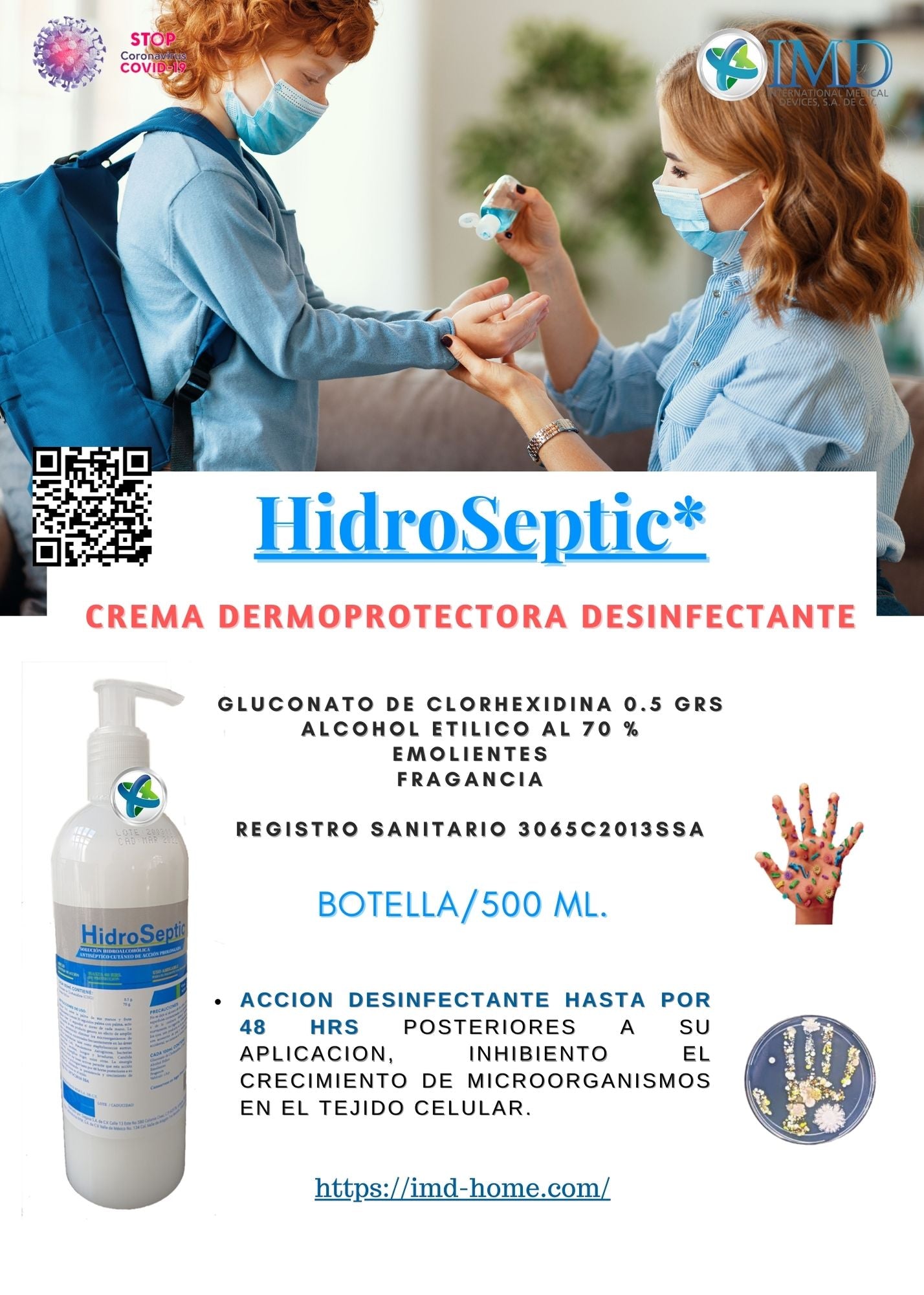 Crema Dermoprotectora Desinfectante. HidroSeptic®. Botella/500 ml.