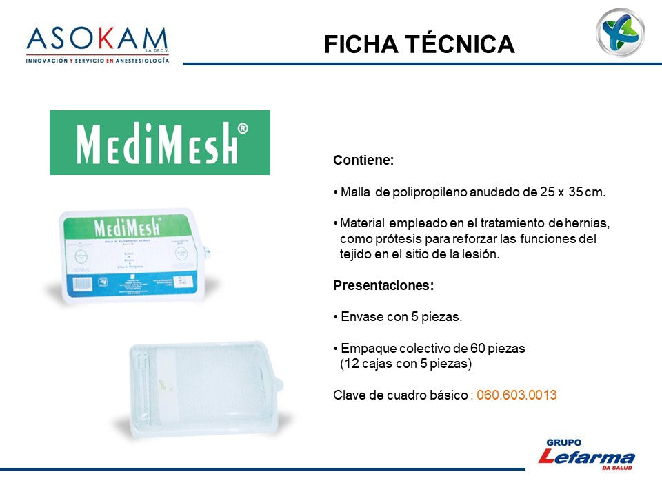 Malla de Polipropileno anudado 25 x 35 cm. MediMesh®. Pieza.