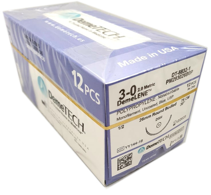 Hilo POLIPROPILENO 3-0 Aguja 24 mm, RC. Circulo 3/8.  45 cm. Caja/12 Sobres.